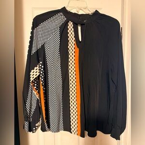 Women’s Plus SHEIN Curve 3x Long Sleeve Keyhole Blouse Black White Orange Print